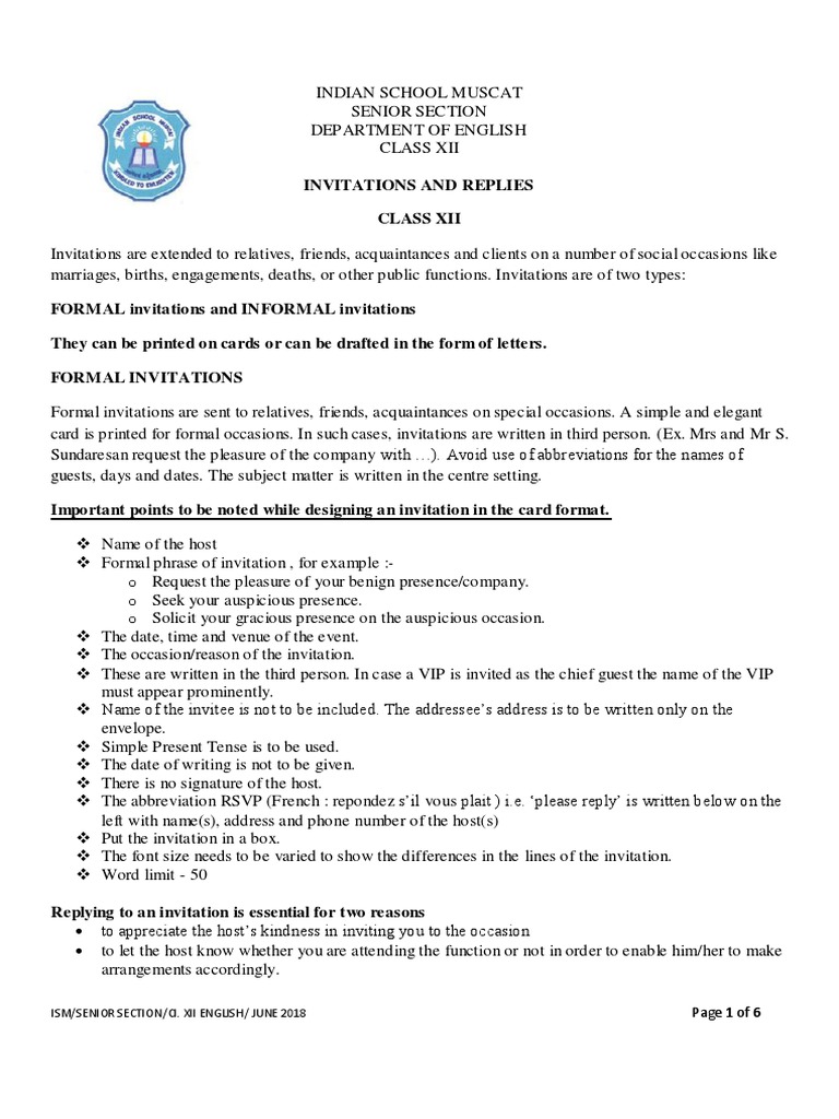 Class xii english invitation and replies worksheet 2018 19 pdf