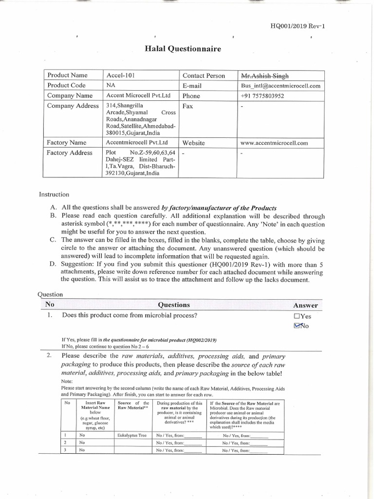 Halal Questionnaire | PDF