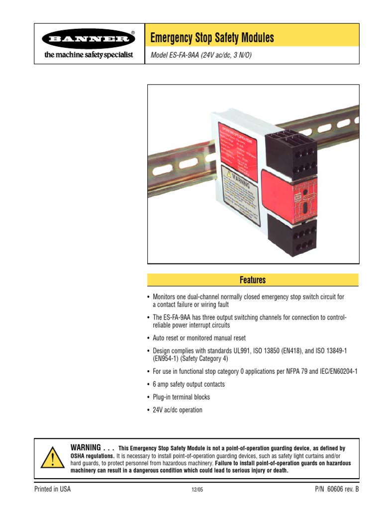 Emergency Stop Safety Modules: Model ES-FA-9AA (24V Ac/dc, 3 N/O) | PDF ...