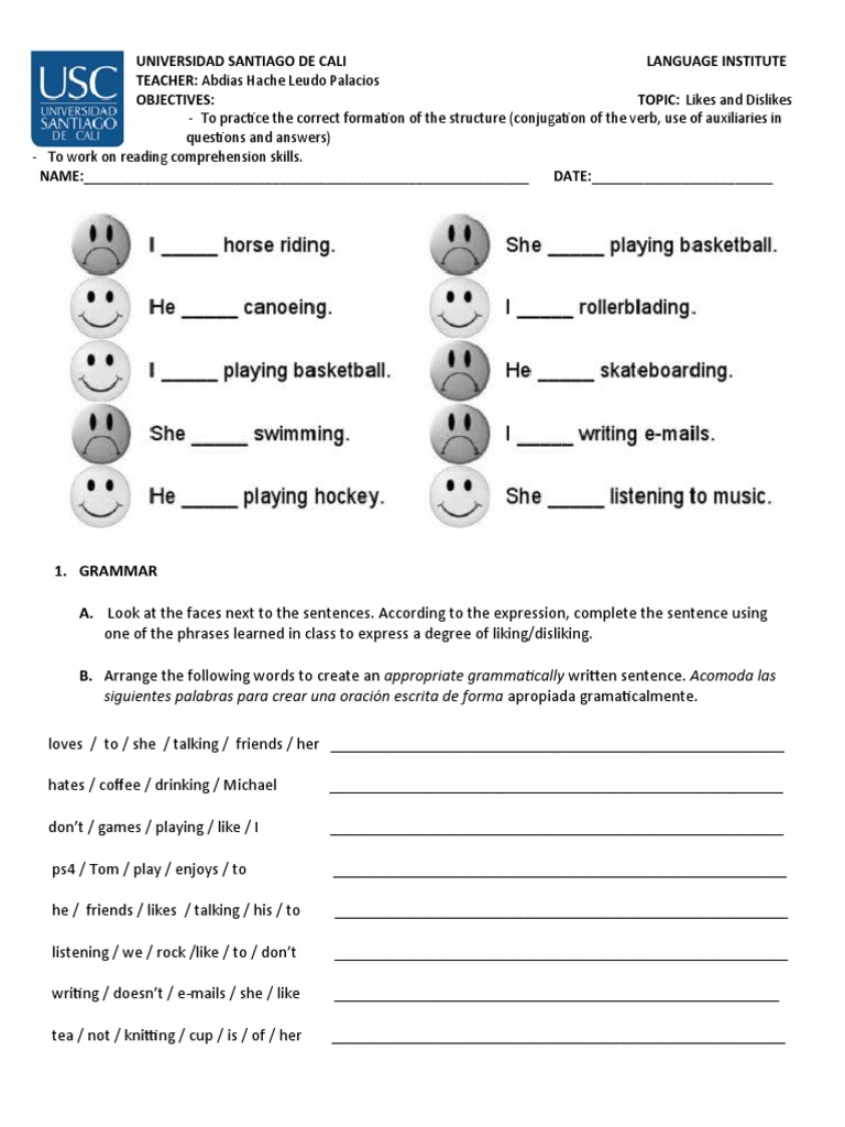 Likes and Dislikes Worksheet | PDF | Syntax | Cognition