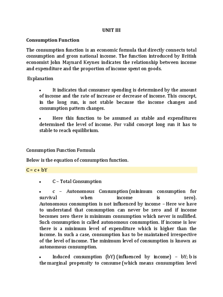 Unit Iii Consumption Function PDF Consumption (Economics) Multiplier (Economics)