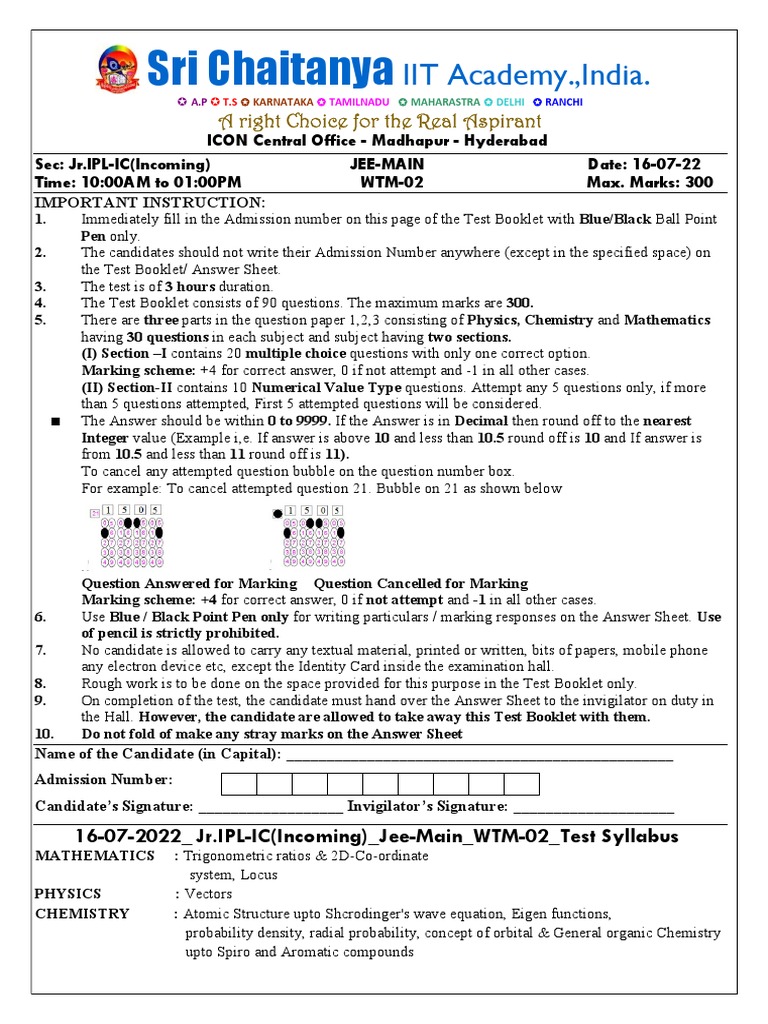 Sri Chaitanya JEE Test Paper 2022 | PDF | Triangle | Euclidean Vector