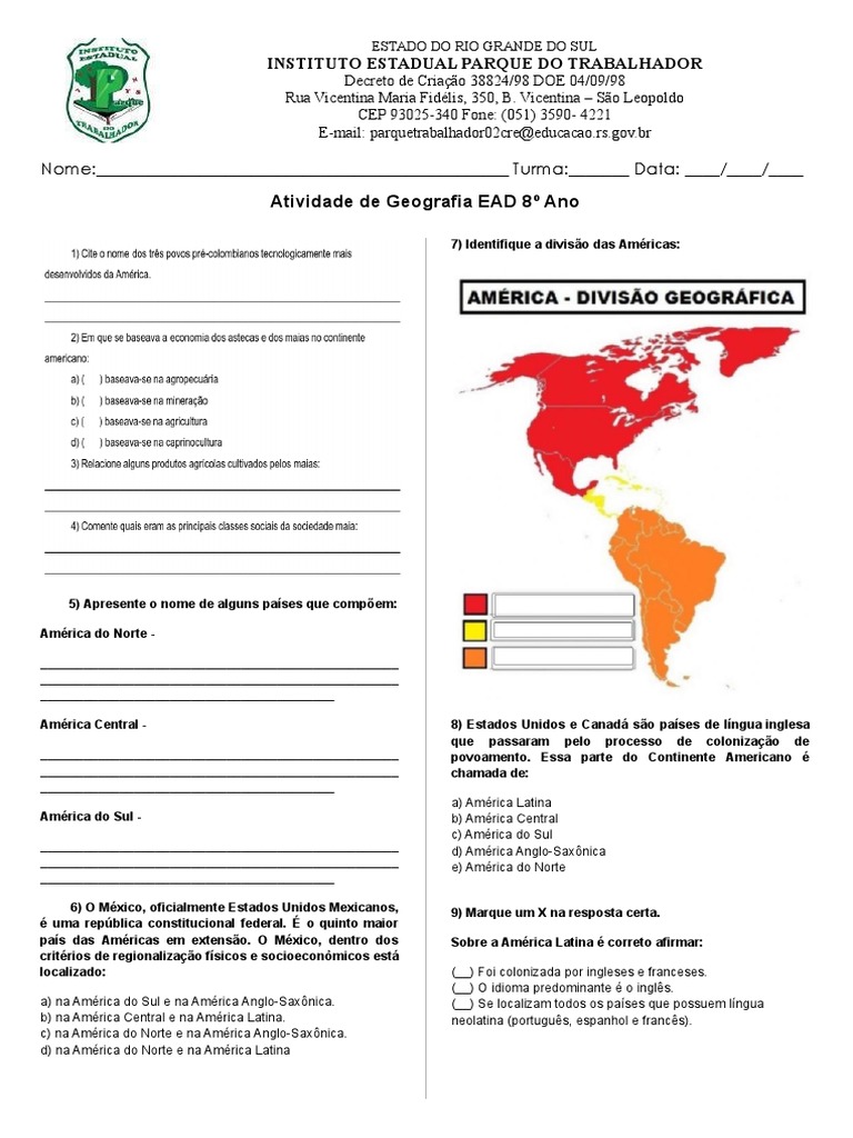 Atividade de Geografia sobre divisão das Américas | PDF | Américas ...