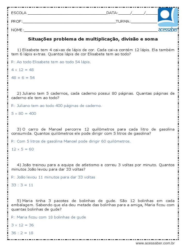 Atividade de Matematica Problemas de Multiplicacao Divisao e Soma 3 Ano ...