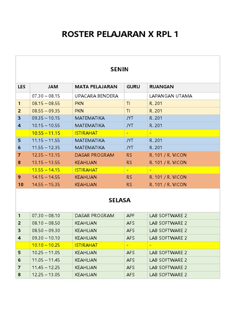 Roster Pelajaran X RPL 1 | PDF