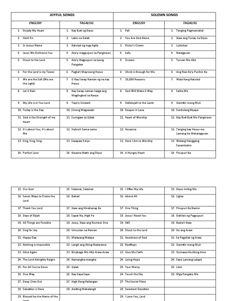 Joyful Songs Solemn Songs English Tagalog English Tagalog PDF