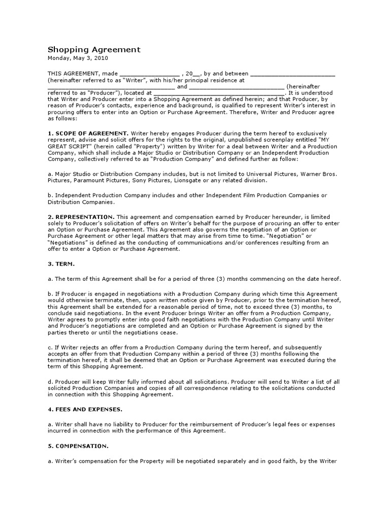 Shopping Agreement for Screenplay Rights | PDF | Indemnity | Private Law