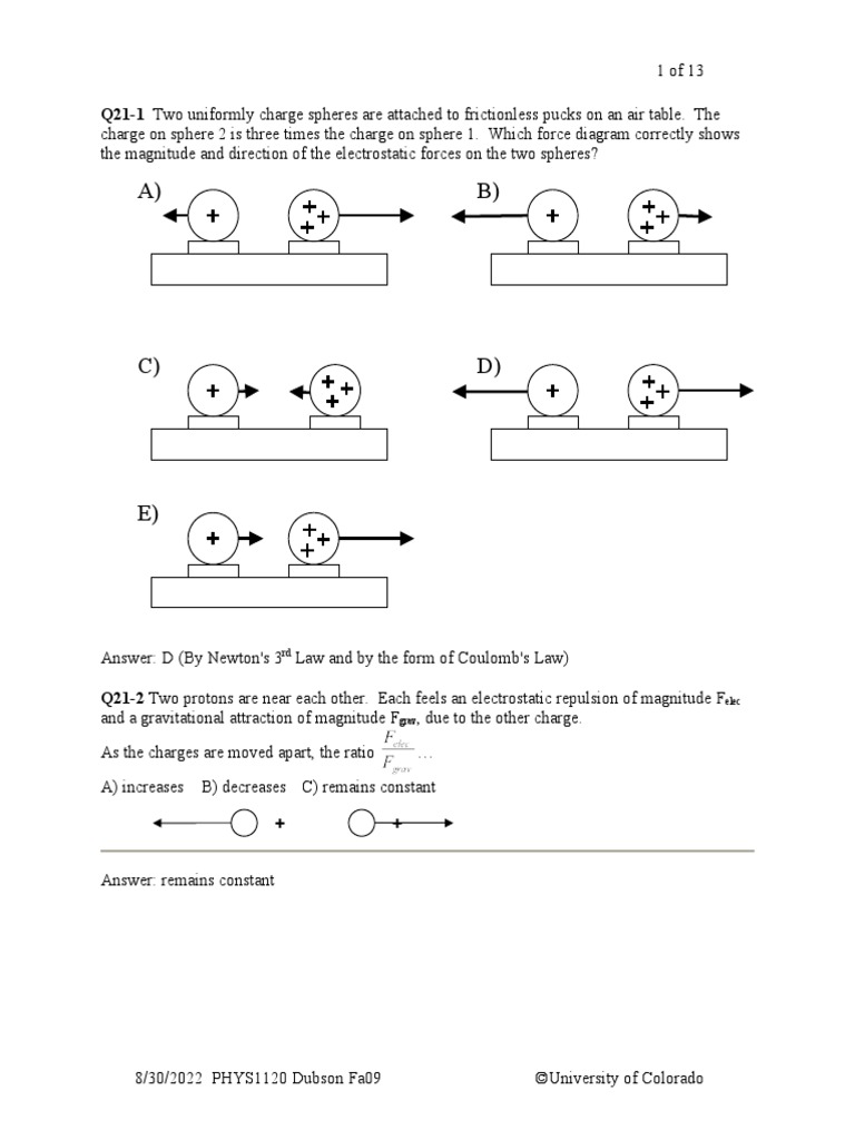 Q21 1 two uniformly charge spheres are attached to frictionless pucks