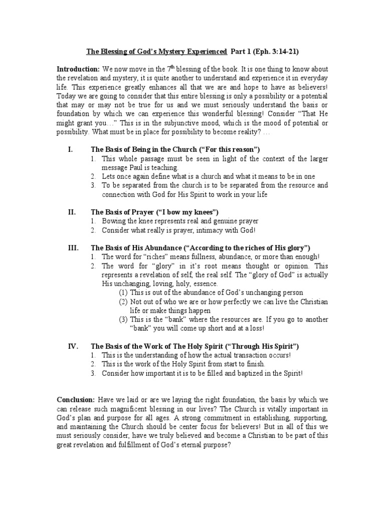 The Blessing of God's Mystery Experienced Part 1 Sermon | PDF | God ...