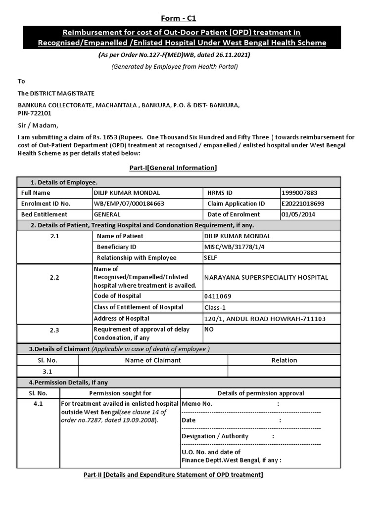 Wbhs Opd App Form Emp PDF Hospital Health Care