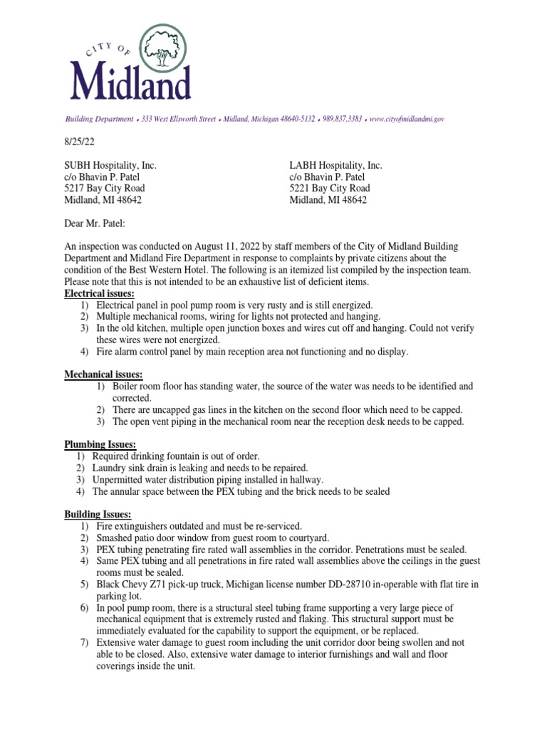 Best Western Violation Letter - City of Midland | PDF | Pipe (Fluid