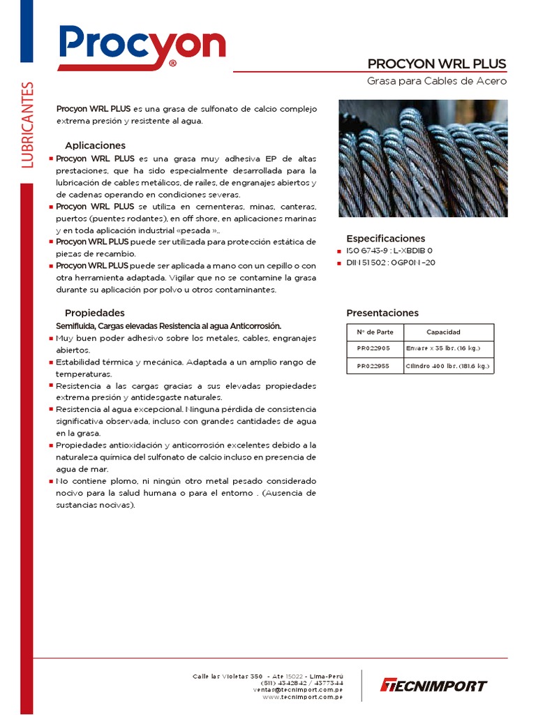 PROCYON WRL PLUS (Grasa para Cables de Acero) | PDF | Agua | Rieles