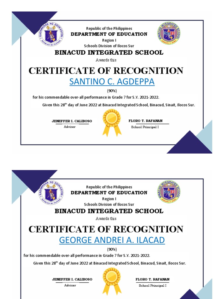 Certificate Of Recognition For With Honors