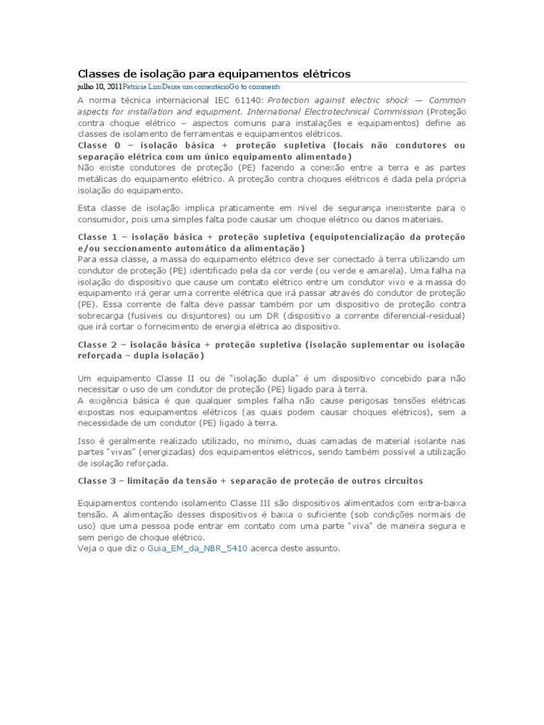 Classes de Isolação para Equipamentos PDF Eletricidade Condutor elétrico
