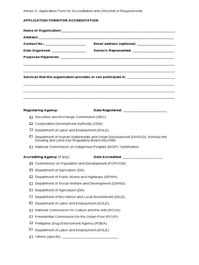 Annex C Application Form and Checklist of Requirements PDF Welfare