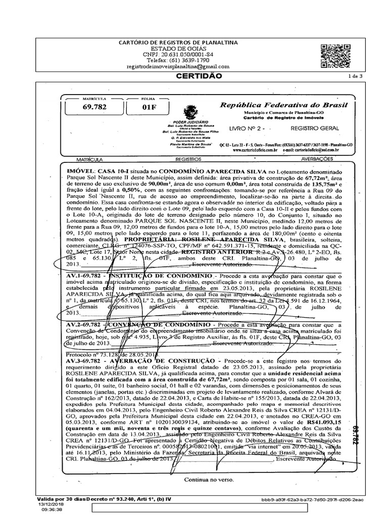 Certidão: Cartório de Registros de Planaltina | PDF