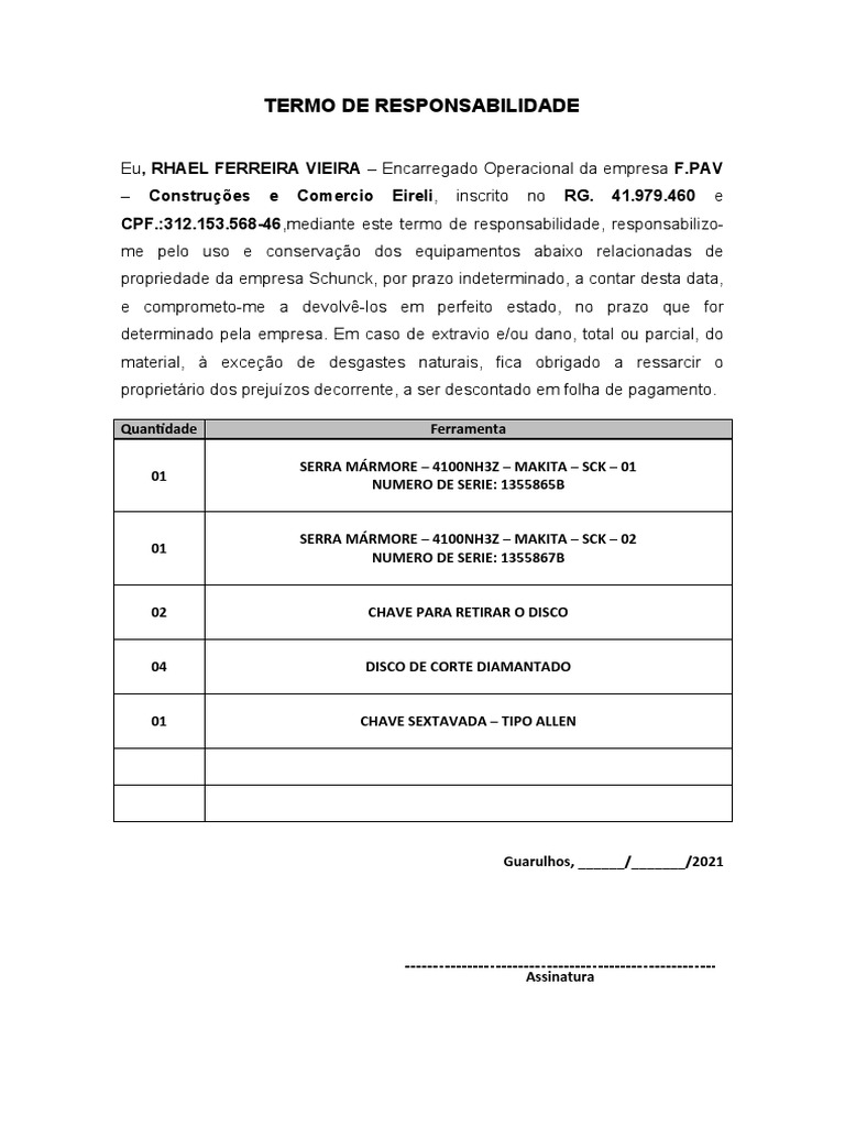 Termo De Responsabilidade Ferramentas Pdf