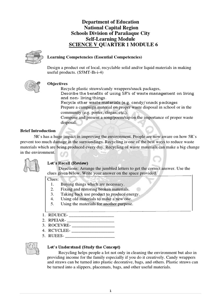 Science 5 Quarter 1 Module 6 Week 6 | PDF | Waste Management | Recycling
