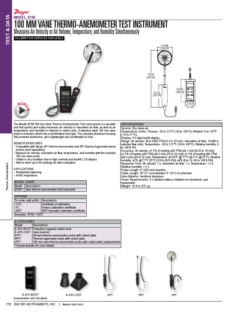 100 MM Vane ThermoAnemometer Test Instrument PDF Calibration