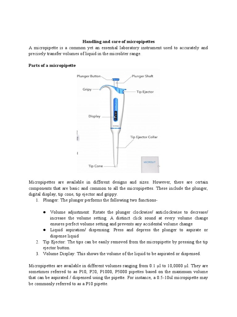 Handling and Care of Micropipettes PDF Equipment