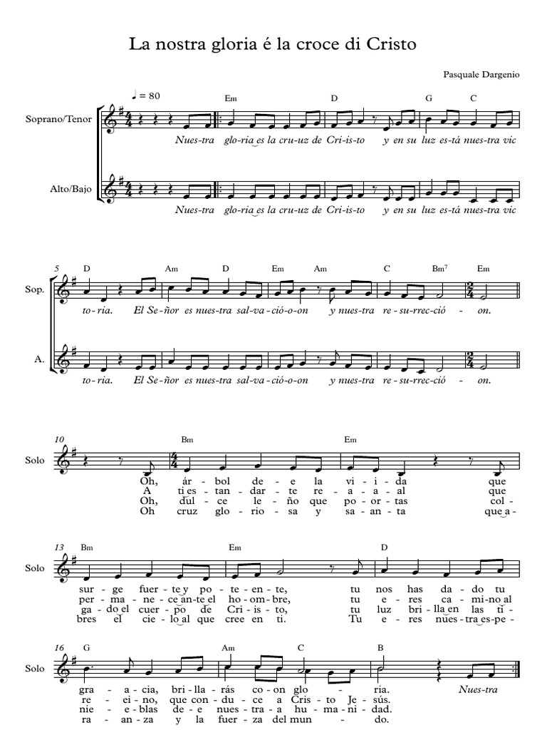 Nostra Gloria è La Croce Di Cristo Testo La nostra gloria é la croce di Cristo - P. Dargenio - Partitura