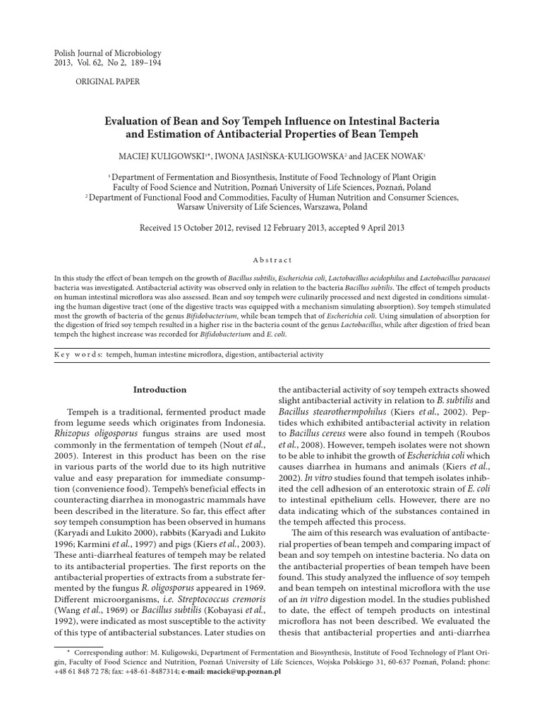 Evaluation of Bean and Soy Tempeh Influence On Intestinal Bacteria and