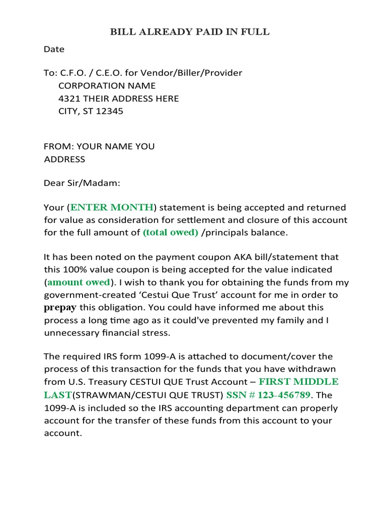 Bill Already Paid in Full Letter PDF Debt Legal Tender