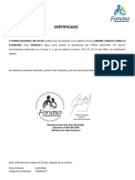 Certificado: AVENDAÑO, RUN 22844625-4, Figura Como Afiliado (O Beneficiario) Del FONDO NACIONAL DE SALUD