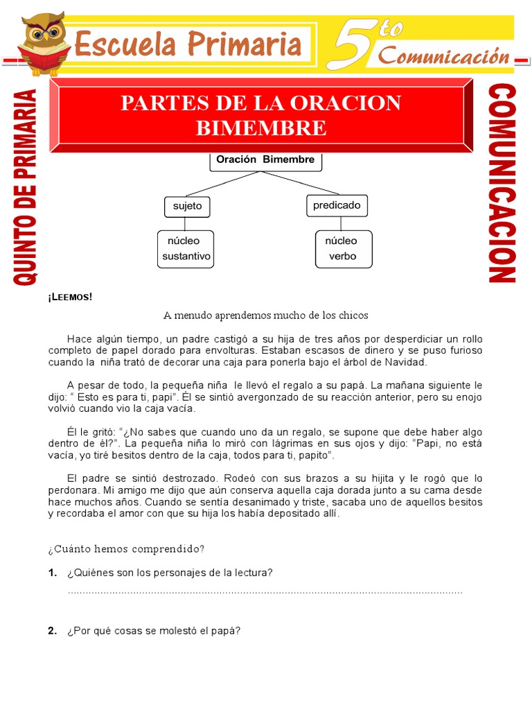 Partes de La Oración Bimembre para Quinto de Primaria | PDF | Asunto ...