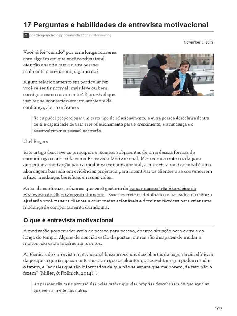 Perguntas e Habilidades da Entrevista Motivacional | PDF | Motivacional ...