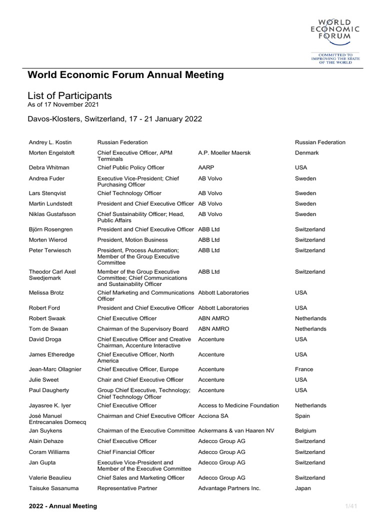 List of Signed Up Delegates To World Economic Forum 2022 Annual Meeting in  Davos Switzerland As of Nov 17 | PDF | Companies | Business