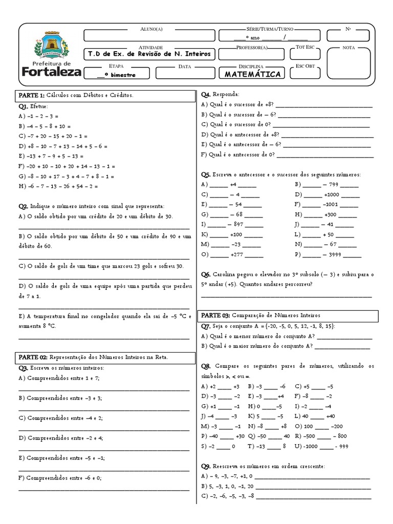 Atividades sobre Números Inteiros | PDF | Métodos e Materiais de Ensino