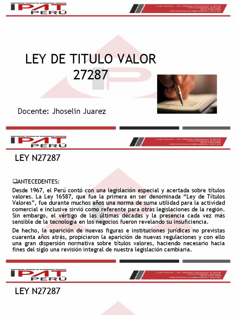 Ley N° 27287: Títulos Valores en Perú | PDF | Cheque | Pagaré