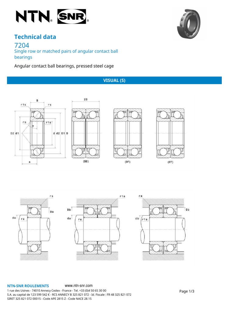Technical Data Single Row or Matched Pairs of Angular Contact Ball