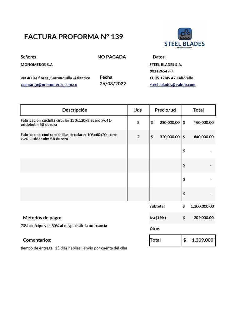 Factura proforma excel pdf