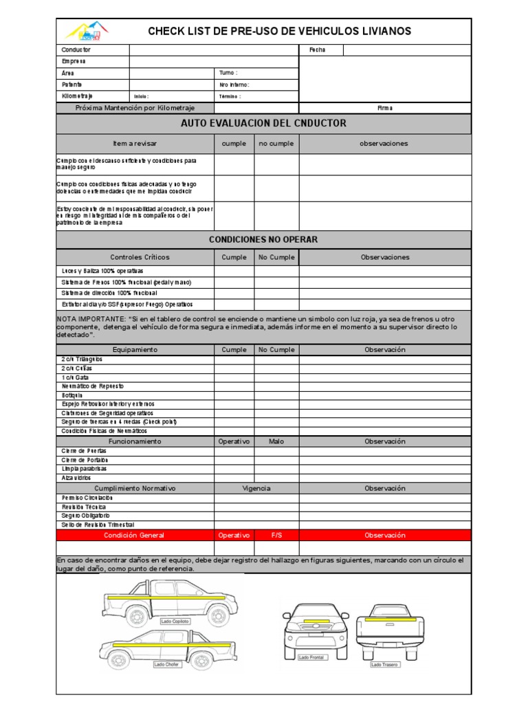 Check List Pre-uso Vehículos Livianos | PDF | Neumático | Coche