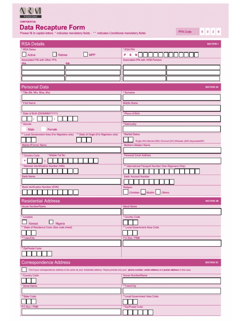 ARM Pension Data Recapture Form PDF