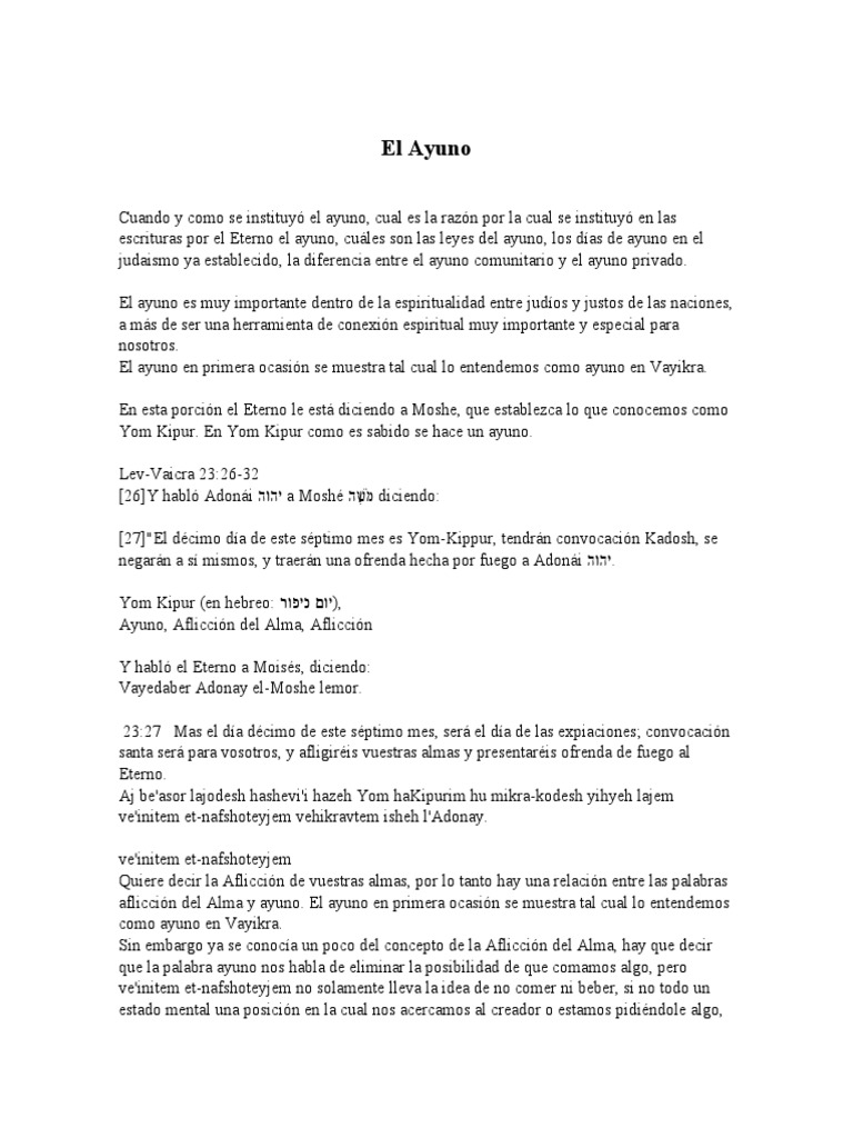 Ayuno Origen Tipos Y Beneficios Según Las Escrituras Pdf Yom