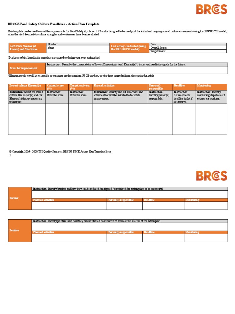 BRCGS Food Safety Culture Excellence - Action Plan Template | PDF ...