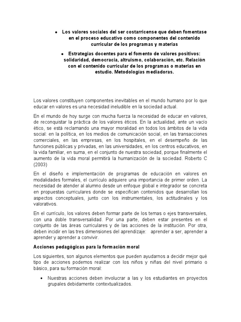 Fomento de Valores en la Educación Costarricense | PDF | Aprendizaje ...