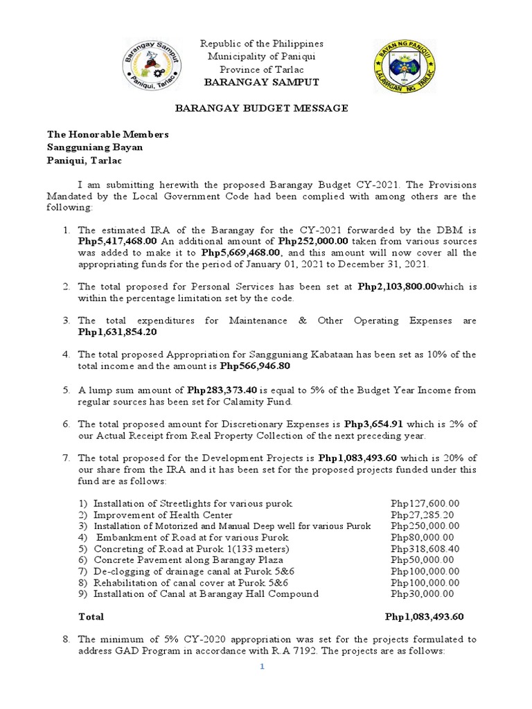 Barangay Samput Budget Message 2021 | PDF | Government Finances ...