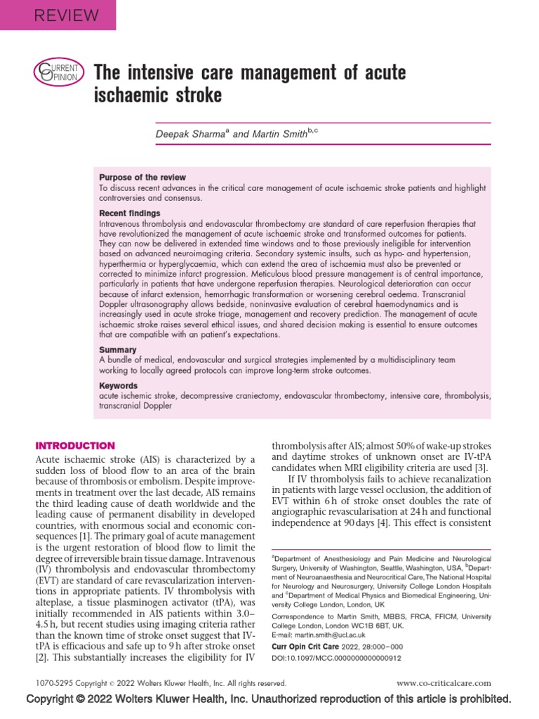 2022 The Intensive Care Management of Acute Ischaemic Stroke | PDF ...