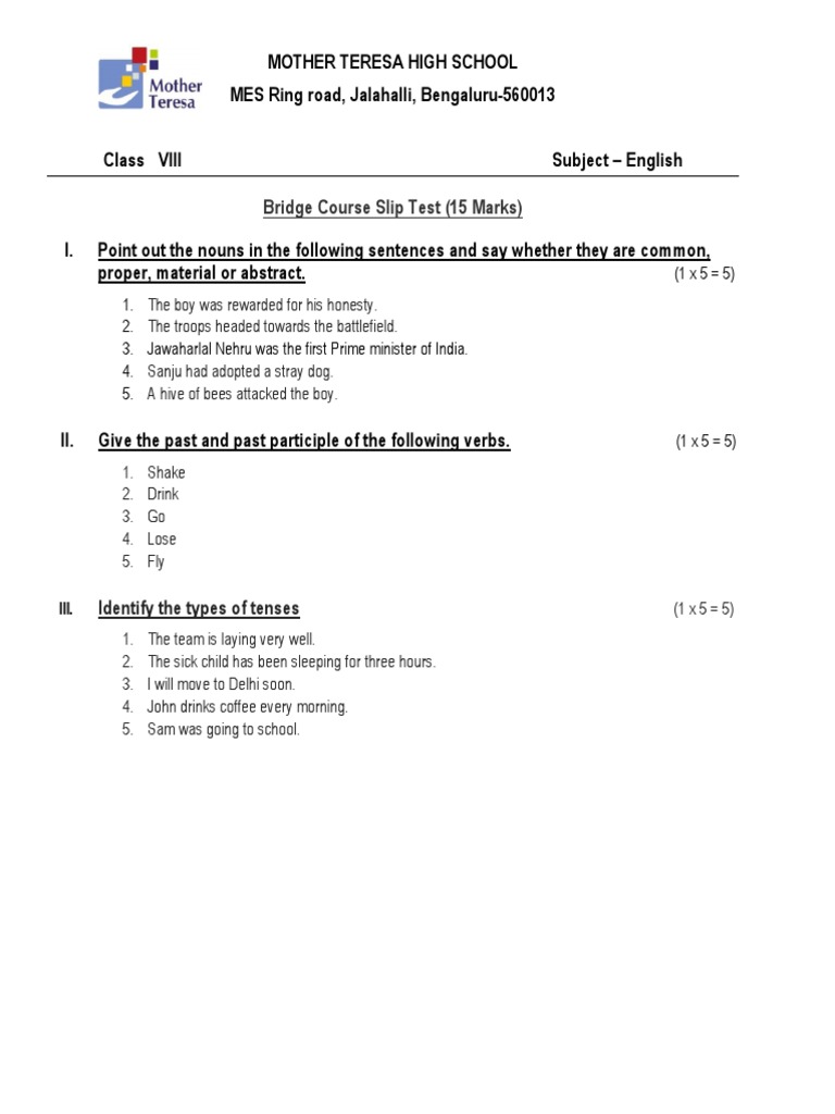 Bridge course slip test class 8 english pdf