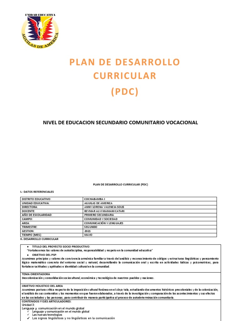 Plan de Desarrollo Curricular 2025 | PDF | Comunicación | Bolivia