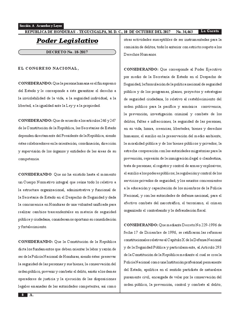 Decreto No. 18 2017 - 8 104 | PDF | Policía | Estado (política)