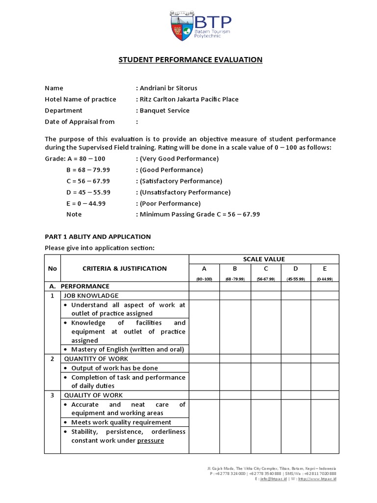 Waiter, Waitress and Banquette - Student Performance Evaluation | PDF ...