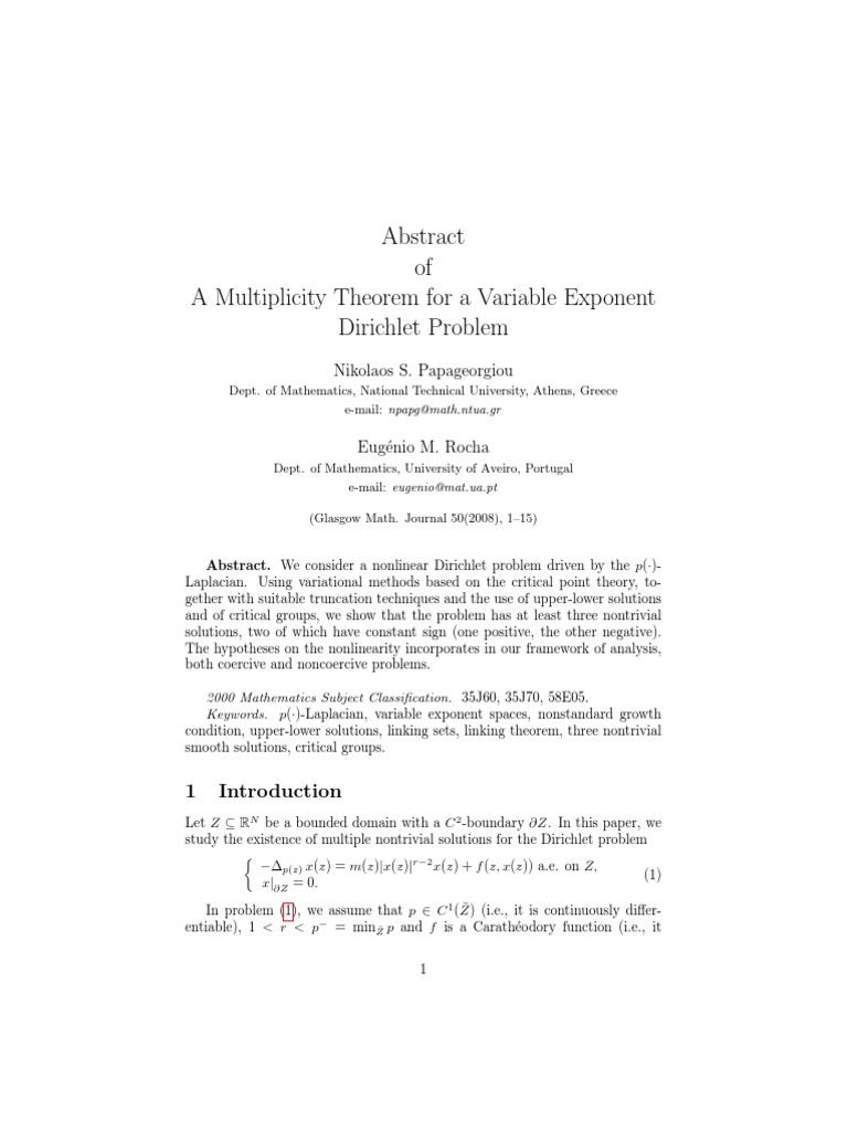 Of A Multiplicity Theorem For A Variable Exponent Dirichlet Problem ...
