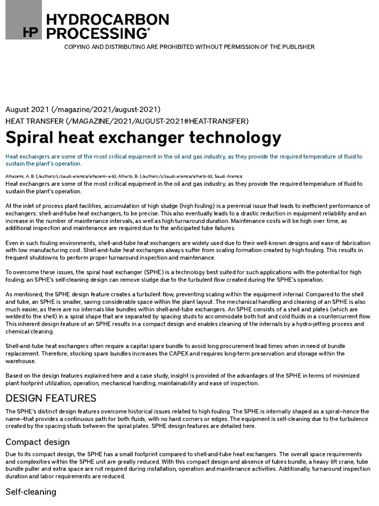 Spiral Heat Exchanger Technology | PDF | Heat Exchanger | Sodium Chloride