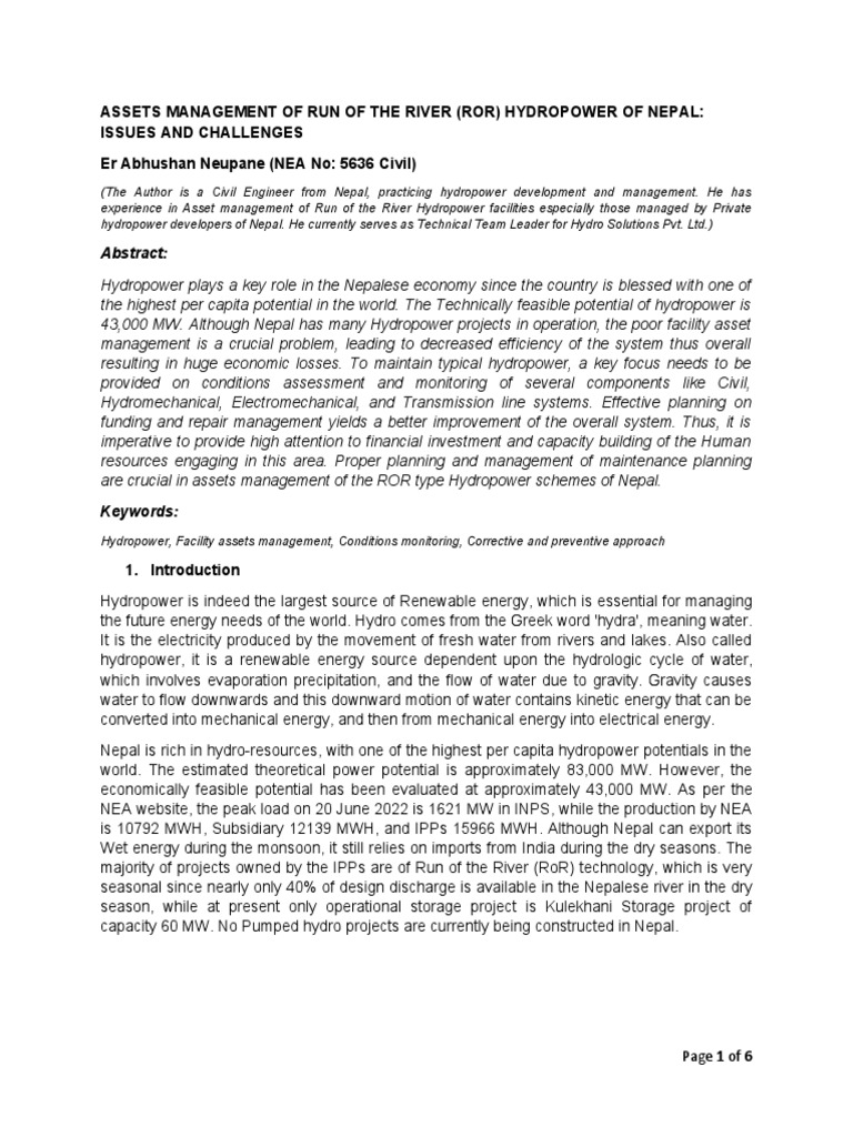 Asset Management In Ror Hydropower Of Nepal Issues And Challanges Pdf