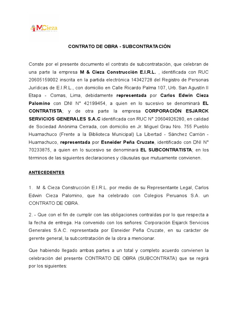 Contrato de Obra - Subcontratación PDF | PDF | Derecho laboral | Seguro